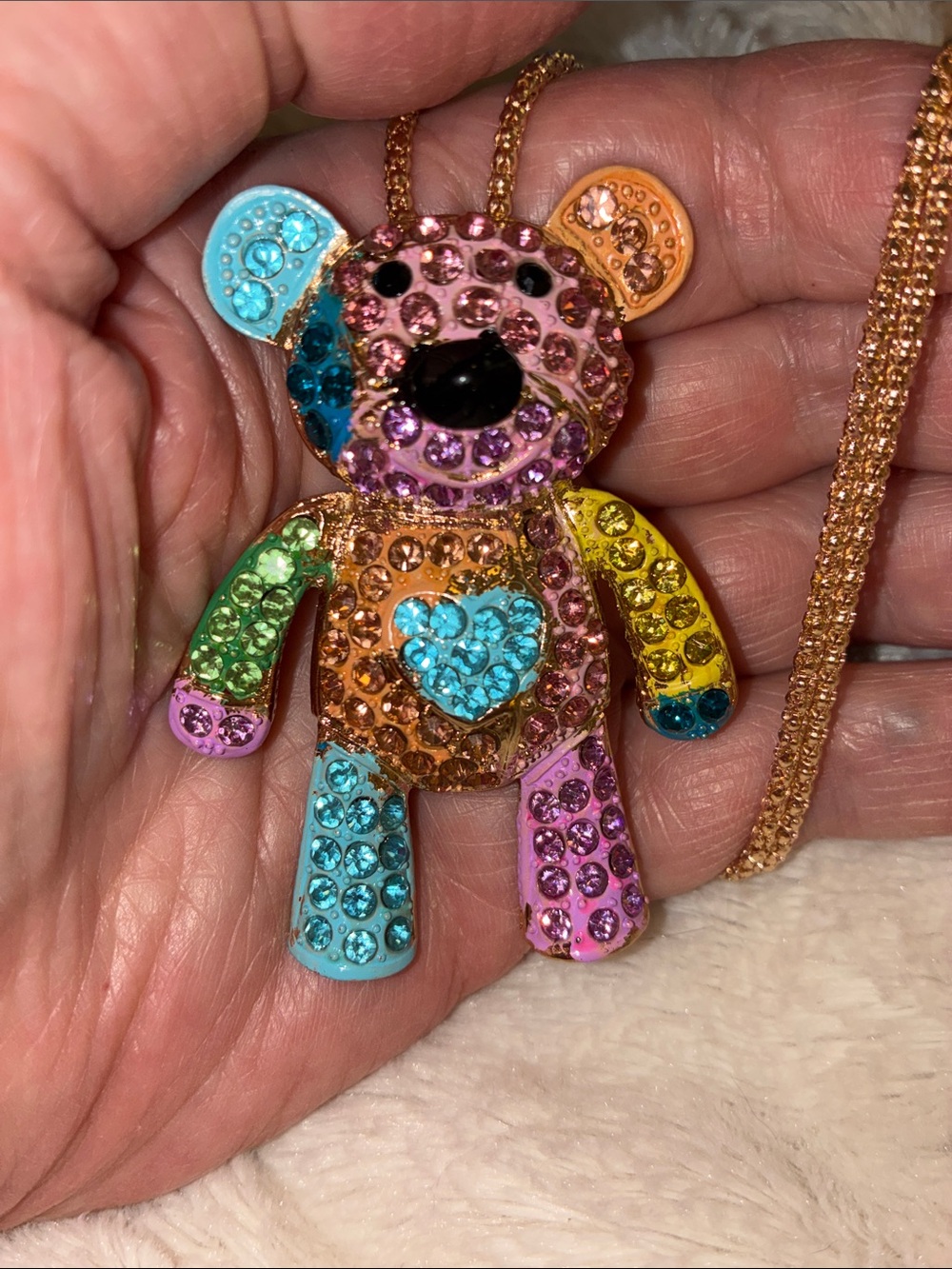 Kids Multicolor Crystal Teddy Bear Pendant Necklace